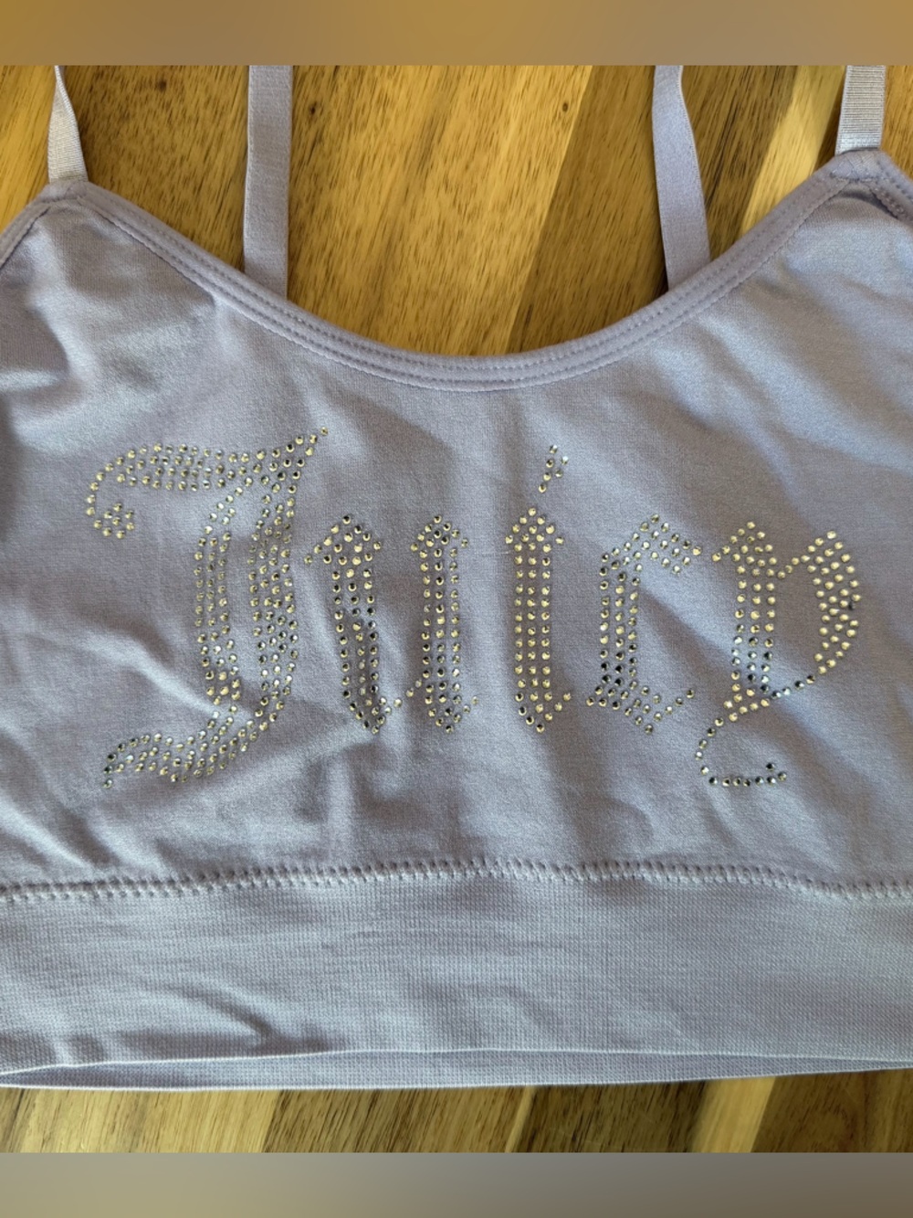 Juicy Couture Lavender Rhinestone Logo Bralette Size M Y2K Strappy Crop Top - Picture 2 of 5